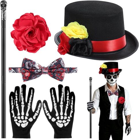 6 PCS Halloween Day of the Dead Costume Accessories للرجال بما في ذلك قفازات الهيكل العظمي من القبعة العظمية Top Hat Bow Tie Crutch و Brooch for Dia de Los Muertos Costume Cosplay Party in Saudi Arabia
