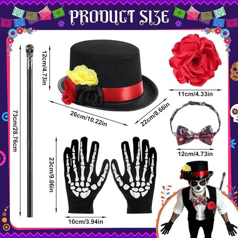 6 PCS Halloween Day of the Dead Costume Accessories للرجال بما في ذلك قفازات الهيكل العظمي من القبعة العظمية Top Hat Bow Tie Crutch و Brooch for Dia de Los Muertos Costume Cosplay Party in Saudi Arabia