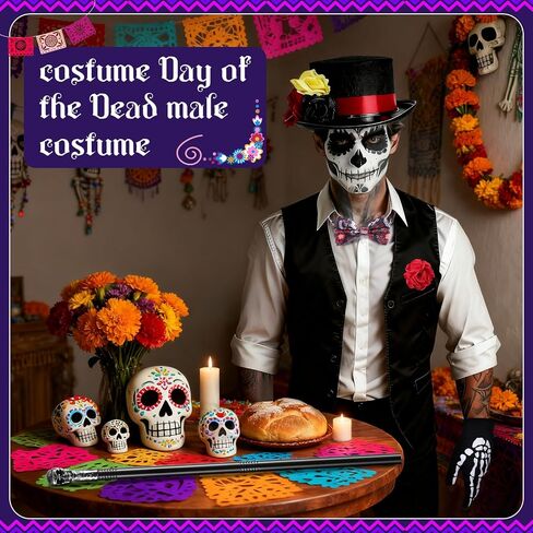 6 PCS Halloween Day of the Dead Costume Accessories للرجال بما في ذلك قفازات الهيكل العظمي من القبعة العظمية Top Hat Bow Tie Crutch و Brooch for Dia de Los Muertos Costume Cosplay Party in Saudi Arabia