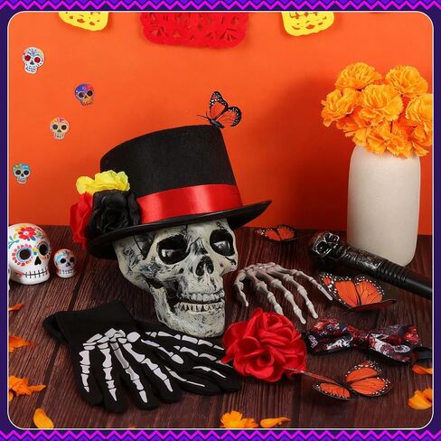 6 PCS Halloween Day of the Dead Costume Accessories للرجال بما في ذلك قفازات الهيكل العظمي من القبعة العظمية Top Hat Bow Tie Crutch و Brooch for Dia de Los Muertos Costume Cosplay Party in Saudi Arabia
