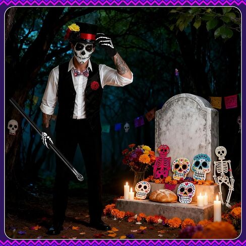 6 PCS Halloween Day of the Dead Costume Accessories للرجال بما في ذلك قفازات الهيكل العظمي من القبعة العظمية Top Hat Bow Tie Crutch و Brooch for Dia de Los Muertos Costume Cosplay Party in Saudi Arabia