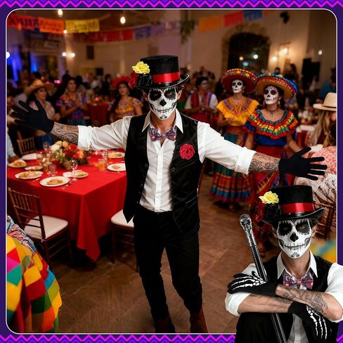 6 PCS Halloween Day of the Dead Costume Accessories للرجال بما في ذلك قفازات الهيكل العظمي من القبعة العظمية Top Hat Bow Tie Crutch و Brooch for Dia de Los Muertos Costume Cosplay Party in Saudi Arabia