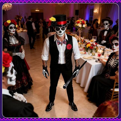 6 PCS Halloween Day of the Dead Costume Accessories للرجال بما في ذلك قفازات الهيكل العظمي من القبعة العظمية Top Hat Bow Tie Crutch و Brooch for Dia de Los Muertos Costume Cosplay Party in Saudi Arabia