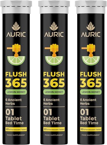 Auric Flush365 Effervescent 60 Tablets Herbal Digestive Support | with Triphala, Isabgol, Castor Oil & Senna | Honey Lemon Flavor | Support Bowel & Gut Cleanse | Plant-Based Supplement in Kuwait