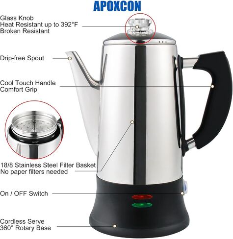 Multi Use Coffee Percolator with Heat Resistant Glass Knob, Stainless Steel Coffee Maker Using On any Stovetop Induction Stove Electric Stove Campfire Stove etc. 9 Cup in Saudi Arabia