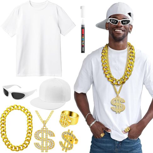 Yahenda 8 PCS Halloween Hip Hop Costume 80s 90s 2000s Rapper Excessories T-Shirts Sunglasses Ring Ben Ring Ben for Come in Kuwait