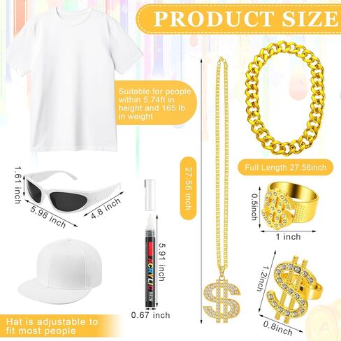Yahenda 8 PCS Halloween Hip Hop Costume 80s 90s 2000s Rapper Excessories T-Shirts Sunglasses Ring Ben Ring Ben for Come in Kuwait