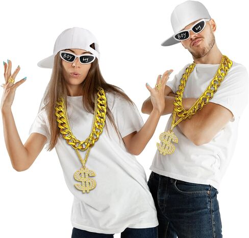 Yahenda 8 PCS Halloween Hip Hop Costume 80s 90s 2000s Rapper Excessories T-Shirts Sunglasses Ring Ben Ring Ben for Come in Kuwait