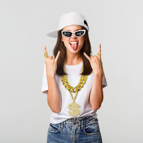 Yahenda 8 PCS Halloween Hip Hop Costume 80s 90s 2000s Rapper Excessories T-Shirts Sunglasses Ring Ben Ring Ben for Come in Kuwait