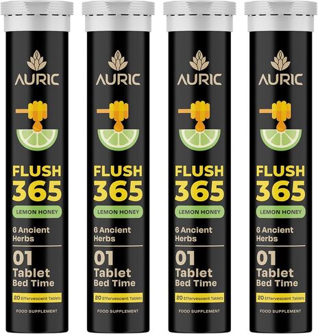 Auric Flush365 Effervescent 60 Tablets Herbal Digestive Support | with Triphala, Isabgol, Castor Oil & Senna | Honey Lemon Flavor | Support Bowel & Gut Cleanse | Plant-Based Supplement in Kuwait