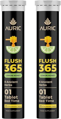 Auric Flush365 Effervescent 60 Tablets Herbal Digestive Support | with Triphala, Isabgol, Castor Oil & Senna | Honey Lemon Flavor | Support Bowel & Gut Cleanse | Plant-Based Supplement in Kuwait