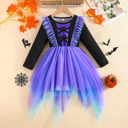 Yanmucy Little Girl Halloween Dress Irregular Colorful Tulle Long Sleeve Dresses Toddler Baby Girl Halloween Costume Outfits in Saudi Arabia
