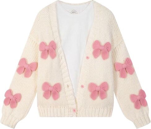 FindThy Women’s Kawaii Strawberry Embroidered Cardigan Long Sleeve V Neck Chunky Knitted Cardigans Tops in Kuwait