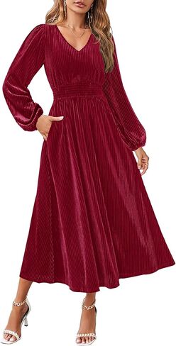 ZESICA Women's Velvet Midi Dress 2025 Casual V Neck Long Sleeve Solid Color Elastic High Waist Flowy Evening Party Dresses in Saudi Arabia