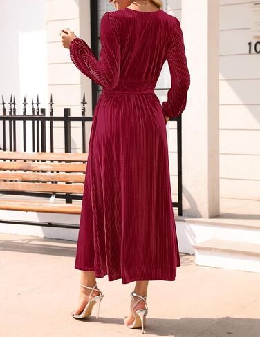 ZESICA Women's Velvet Midi Dress 2025 Casual V Neck Long Sleeve Solid Color Elastic High Waist Flowy Evening Party Dresses in Saudi Arabia