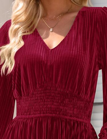 ZESICA Women's Velvet Midi Dress 2025 Casual V Neck Long Sleeve Solid Color Elastic High Waist Flowy Evening Party Dresses in Saudi Arabia