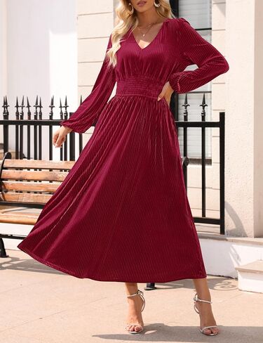 ZESICA Women's Velvet Midi Dress 2025 Casual V Neck Long Sleeve Solid Color Elastic High Waist Flowy Evening Party Dresses in Saudi Arabia