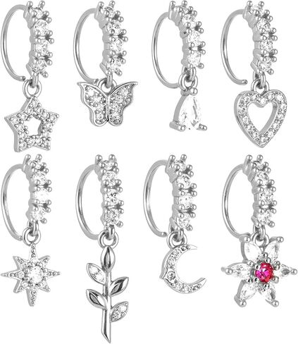 8 PCS Dangle Nose Ring Hoop for Women, 8 Styles Septum Nose Piercing Jewelry Cartilage Earring Cute CZ Flower Leaf Heart Star Butterfly Shape Nose Rings Hoops in Saudi Arabia