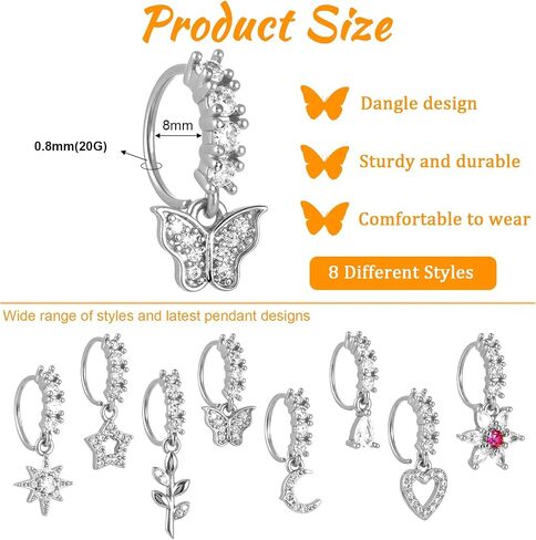 8 PCS Dangle Nose Ring Hoop for Women, 8 Styles Septum Nose Piercing Jewelry Cartilage Earring Cute CZ Flower Leaf Heart Star Butterfly Shape Nose Rings Hoops in Saudi Arabia