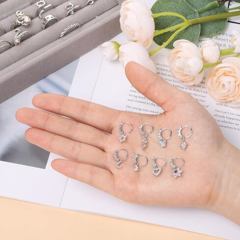 8 PCS Dangle Nose Ring Hoop for Women, 8 Styles Septum Nose Piercing Jewelry Cartilage Earring Cute CZ Flower Leaf Heart Star Butterfly Shape Nose Rings Hoops in Saudi Arabia