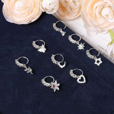 8 PCS Dangle Nose Ring Hoop for Women, 8 Styles Septum Nose Piercing Jewelry Cartilage Earring Cute CZ Flower Leaf Heart Star Butterfly Shape Nose Rings Hoops in Saudi Arabia