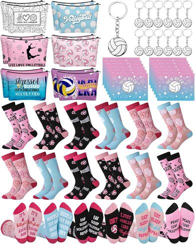 48 Pcs Volleyball Team Gifts for Women Teen Girls Senior Night Funny Makeup Bags Novelty Crew Socks Keychians Cards for Volleyball Lovers Team Players in Saudi Arabia
