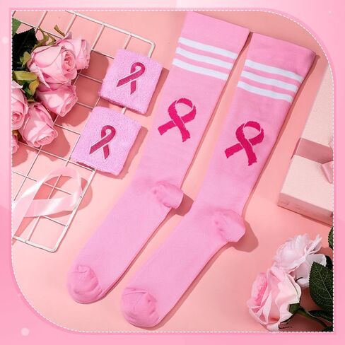 Breast Cancer Awareness Socks and Sweat Bands, Pink Ribbon for Women Cheer Breast Cancer Charity Events in Saudi Arabia