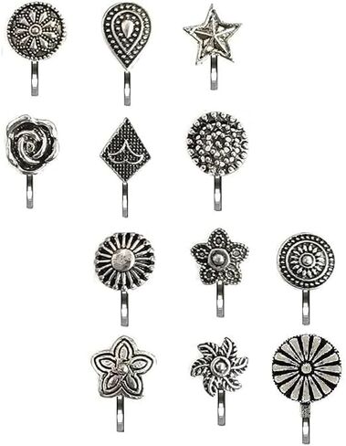 CHARMAURA Non Piercing Traditional Indian Nosepin Pressing Type Clip On Oxidized Black Silver Nose Ring Pin Stud For Women (1.5cm, Black Metal Silver) in Saudi Arabia