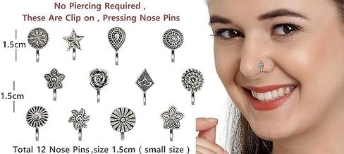 CHARMAURA Non Piercing Traditional Indian Nosepin Pressing Type Clip On Oxidized Black Silver Nose Ring Pin Stud For Women (1.5cm, Black Metal Silver) in Saudi Arabia
