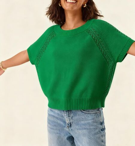 Yeokou Womens Short Sleeve Sweater Pullover Summer Fall Fall Crewneck خفيفة الوزن الكروشيه متماسكة in Kuwait