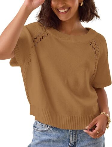 Yeokou Womens Short Sleeve Sweater Pullover Summer Fall Fall Crewneck خفيفة الوزن الكروشيه متماسكة in Kuwait