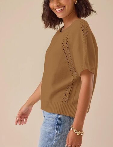 Yeokou Womens Short Sleeve Sweater Pullover Summer Fall Fall Crewneck خفيفة الوزن الكروشيه متماسكة in Kuwait