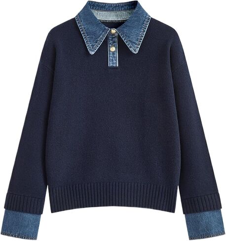 Womens Denim Lapel Sweater Oversized Long Sleeve Button Down Polo Knit Pullover Sweaters 2025 Fall Outfits in Saudi Arabia