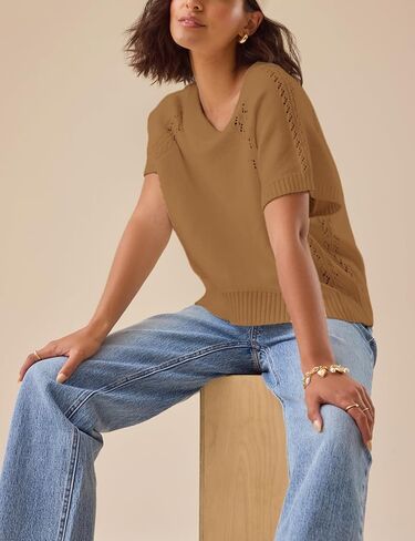 Yeokou Womens Short Sleeve Sweater Pullover Summer Fall Fall Crewneck خفيفة الوزن الكروشيه متماسكة in Kuwait