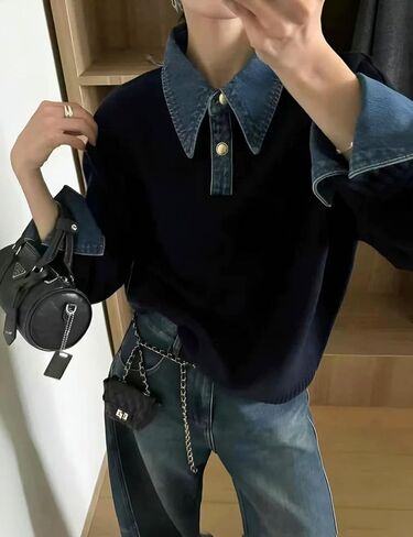 Womens Denim Lapel Sweater Oversized Long Sleeve Button Down Polo Knit Pullover Sweaters 2025 Fall Outfits in Saudi Arabia
