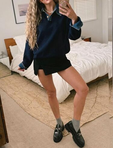 Womens Denim Lapel Sweater Oversized Long Sleeve Button Down Polo Knit Pullover Sweaters 2025 Fall Outfits in Saudi Arabia