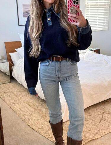 Womens Denim Lapel Sweater Oversized Long Sleeve Button Down Polo Knit Pullover Sweaters 2025 Fall Outfits in Saudi Arabia