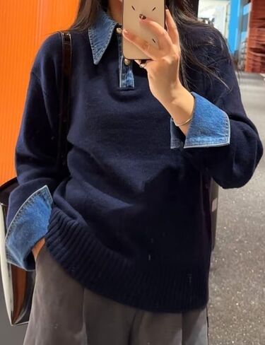 Womens Denim Lapel Sweater Oversized Long Sleeve Button Down Polo Knit Pullover Sweaters 2025 Fall Outfits in Saudi Arabia