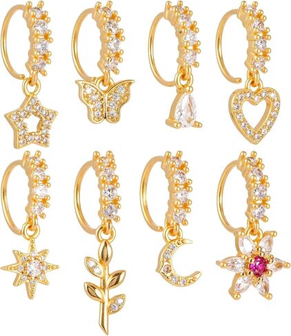 8 PCS Dangle Nose Ring Hoop for Women, 8 Styles Septum Nose Piercing Jewelry Cartilage Earring Cute CZ Flower Leaf Heart Star Butterfly Shape Nose Rings Hoops in Saudi Arabia
