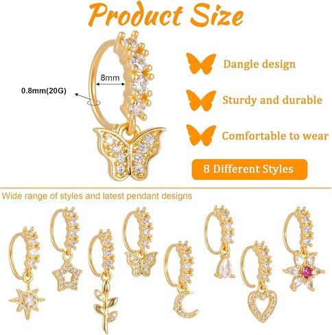8 PCS Dangle Nose Ring Hoop for Women, 8 Styles Septum Nose Piercing Jewelry Cartilage Earring Cute CZ Flower Leaf Heart Star Butterfly Shape Nose Rings Hoops in Saudi Arabia