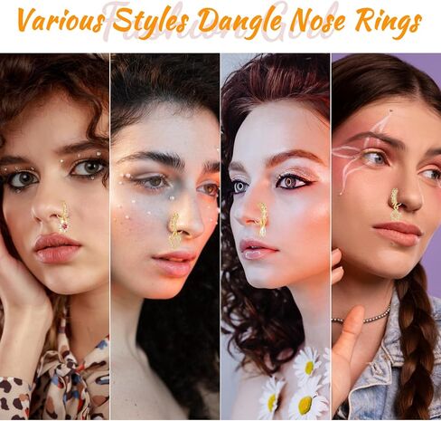 8 PCS Dangle Nose Ring Hoop for Women, 8 Styles Septum Nose Piercing Jewelry Cartilage Earring Cute CZ Flower Leaf Heart Star Butterfly Shape Nose Rings Hoops in Saudi Arabia