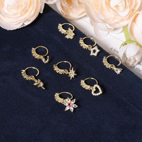 8 PCS Dangle Nose Ring Hoop for Women, 8 Styles Septum Nose Piercing Jewelry Cartilage Earring Cute CZ Flower Leaf Heart Star Butterfly Shape Nose Rings Hoops in Saudi Arabia