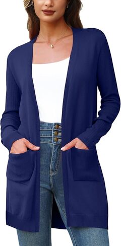 كنزة صوفية BB&KK للنساء عصرية مضلعة بأكمام طويلة مفتوحة من الأمام متماسكة كاجوال للخريف ملابس خارجية منفضة مع جيوب in Kuwait