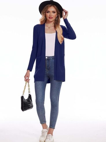 كنزة صوفية BB&KK للنساء عصرية مضلعة بأكمام طويلة مفتوحة من الأمام متماسكة كاجوال للخريف ملابس خارجية منفضة مع جيوب in Kuwait