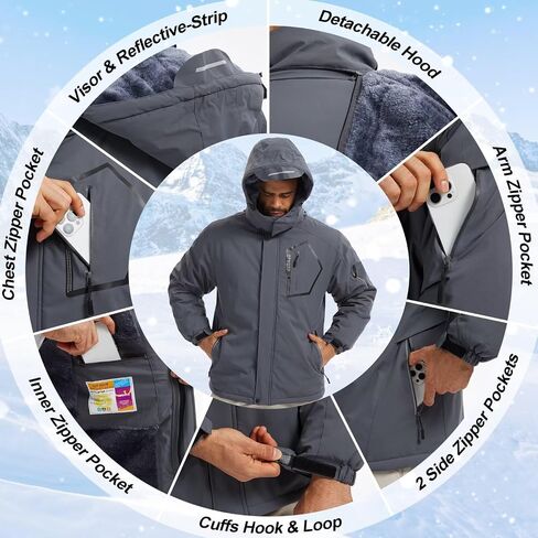 QPNGRP Men's Ski Jacket Waterproof Insulated Winter Coat 5 Zipper Pockets in Saudi Arabia