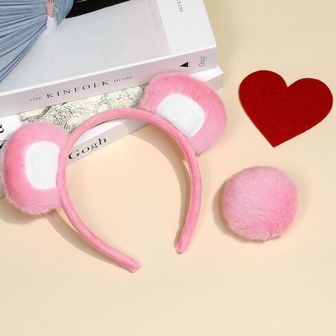 Bear Ears Headband and Tail Set for Adult and Kids, Bear Costume Animal Ears Costume with Red Heart Patch Accessory Set in Saudi Arabia