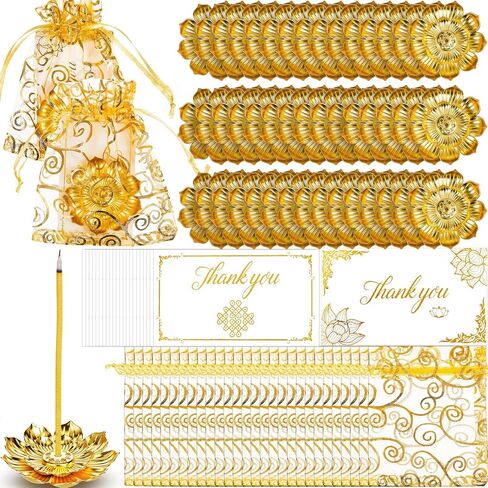 Amyhill 138 Pack Lotus Bisense Burner ، حامل البخور للعصي ، هدايا العودة الهندية لجماعة بوجا ، تصميم الطبقة المزدوجة الذهبية ، أكياس أورجانية وشكر البطاقات ، هدايا عودة هندية جيدة (ذهبية) in Saudi Arabia