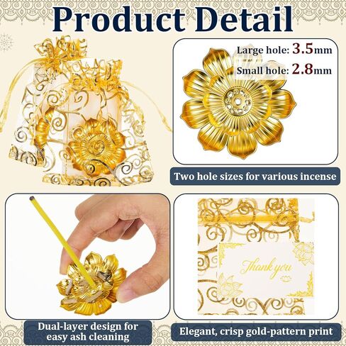 Amyhill 138 Pack Lotus Bisense Burner ، حامل البخور للعصي ، هدايا العودة الهندية لجماعة بوجا ، تصميم الطبقة المزدوجة الذهبية ، أكياس أورجانية وشكر البطاقات ، هدايا عودة هندية جيدة (ذهبية) in Saudi Arabia