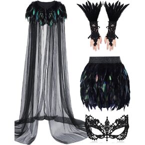 Hercicy 4 Pcs Halloween Cloak Cape Cosplay Black Feather Collar Witch Cape Dress Feather Skirts Lace Long Gloves Witch Spider Web Lace Masquerade Mask for Party Costume in Kuwait