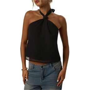 MakeMeChic Women's Tie Back Halter Tops Swiss Dots Knot Backless Sleeveless Tank in Kuwait
